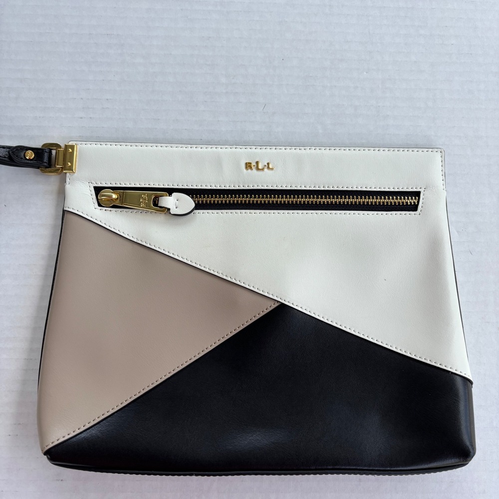 Lauren Ralph Lauren Colorblock Leather Wristlet Clutch White Tan Black RLL